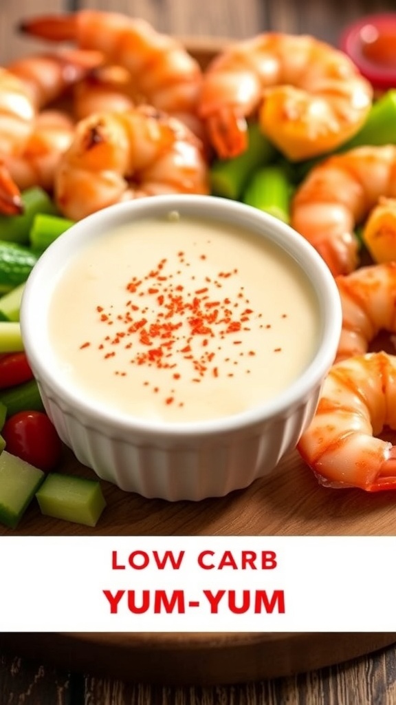 Creamy low carb yum yum sauce in a bowl with grilled shrimp and fresh vegetables.